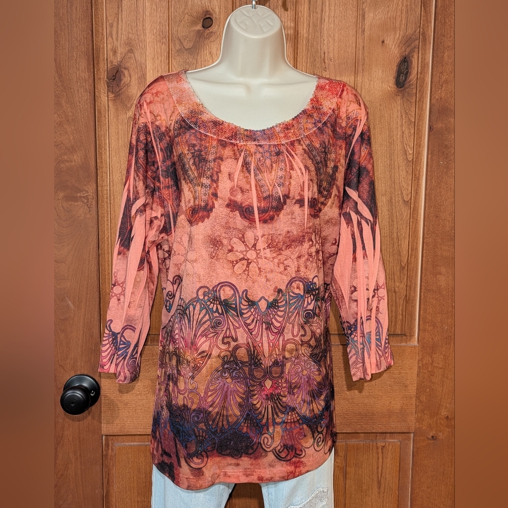 Susan‎ Lawrence Artistic Peach and Brown Blouse